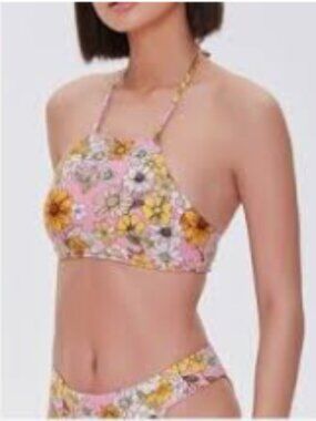NWT Forever 21 Retro Daisy Print High Neck/High Waist Bikini Set, Pink - Size XL